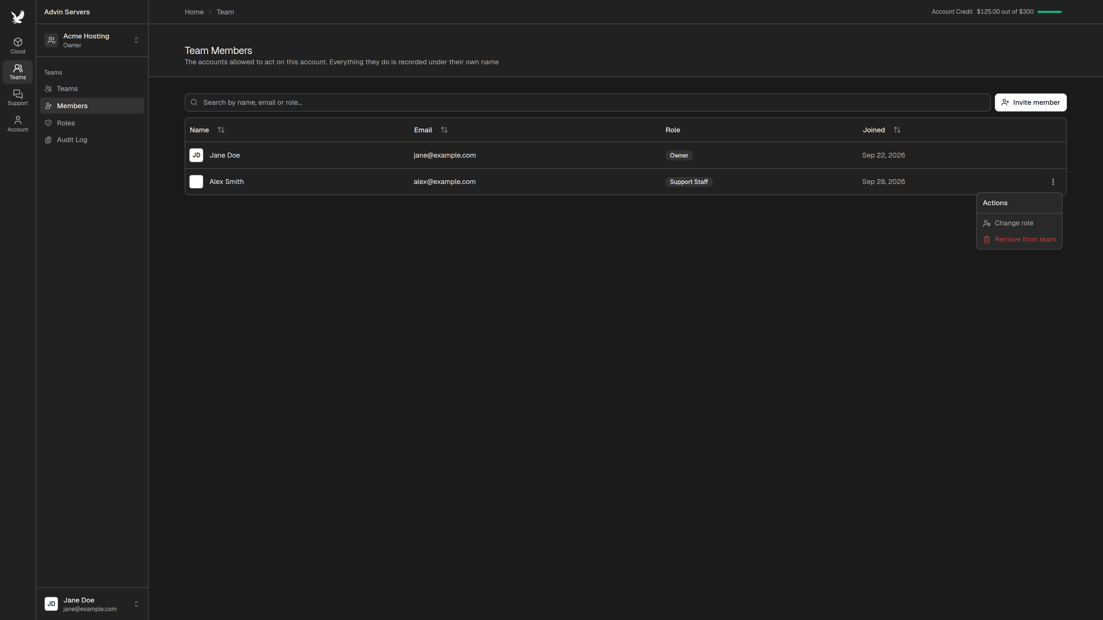 Member actions menu