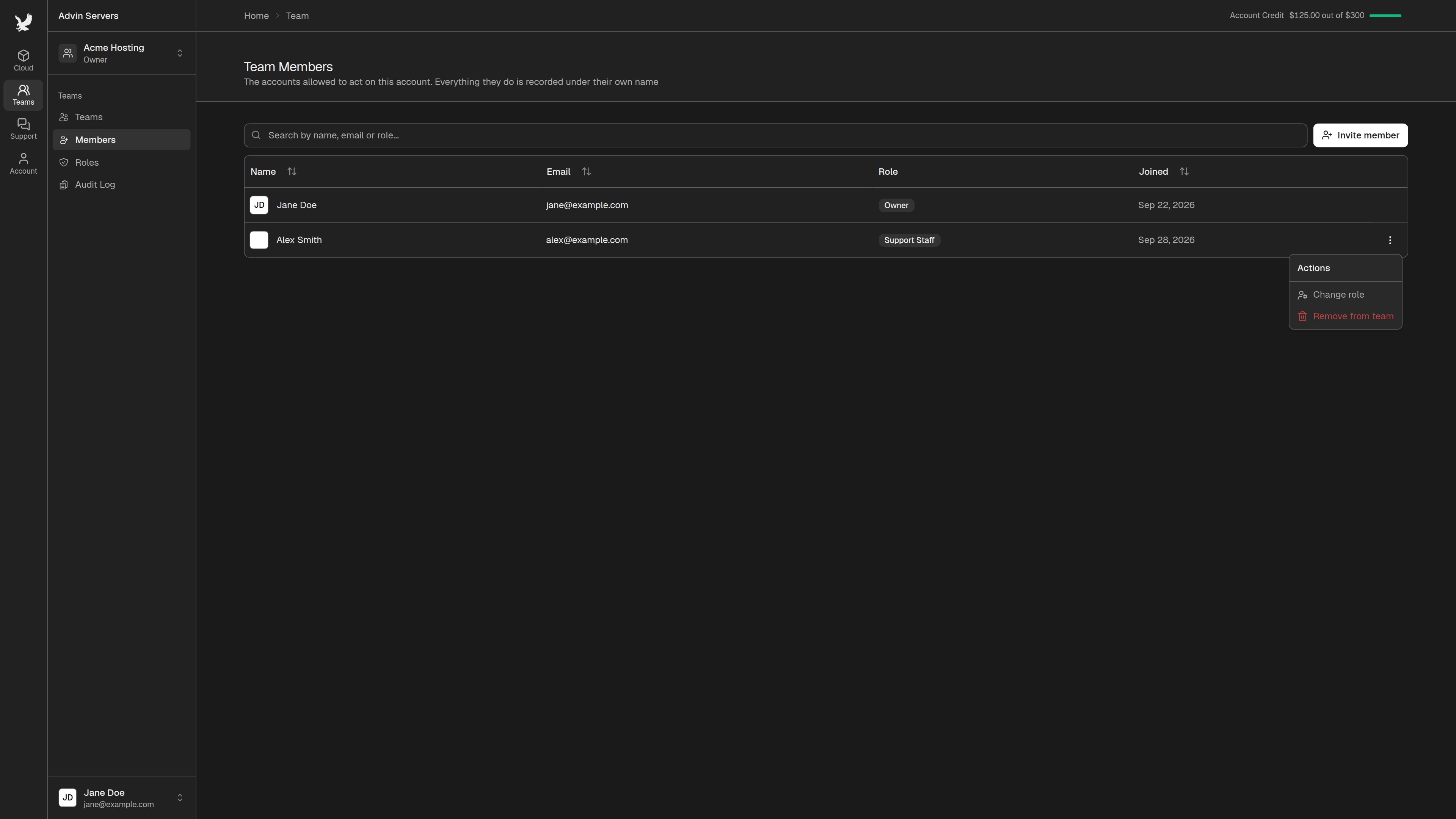 Member actions menu