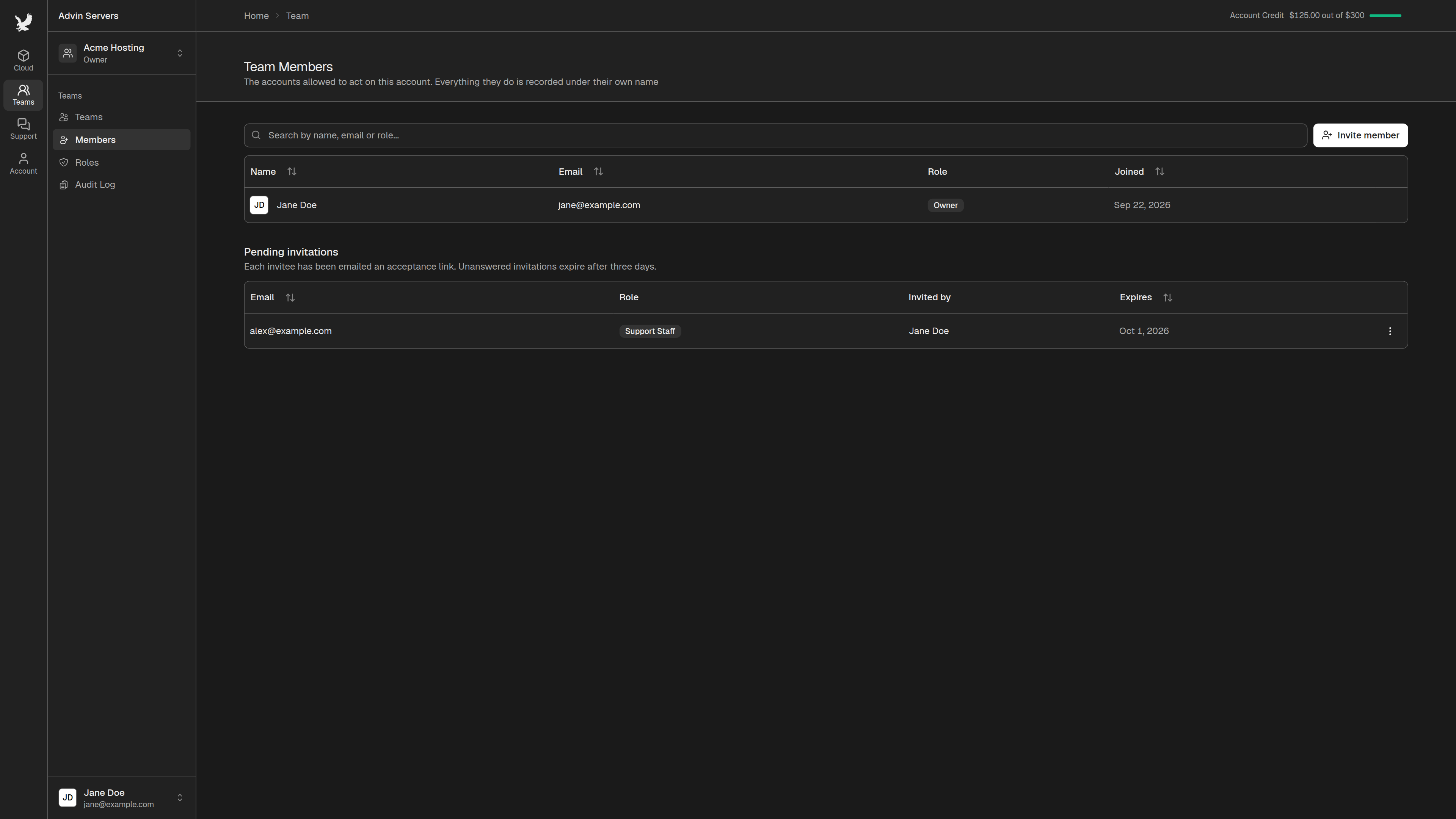 Pending invitation on the Members page