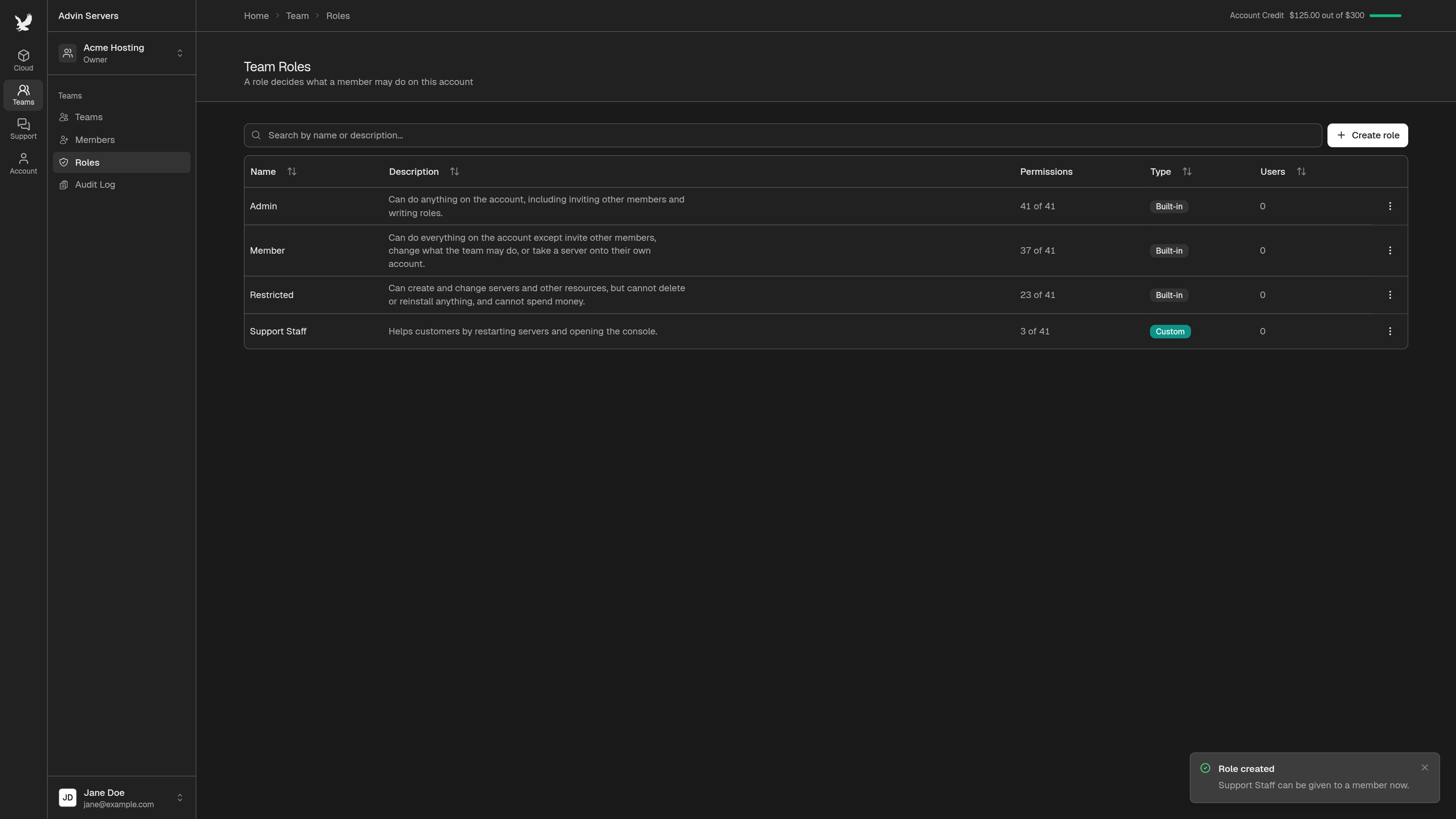 Custom role in the roles list