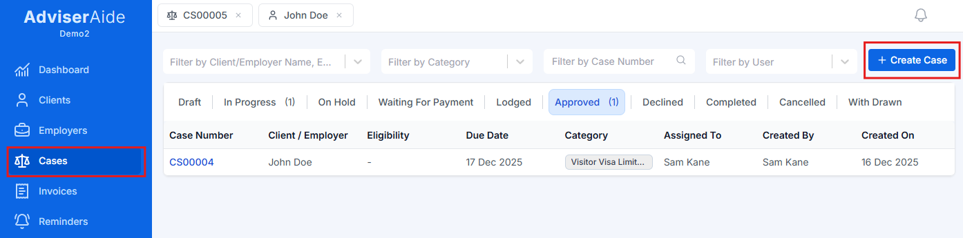 Client dropdown showing employer selection
