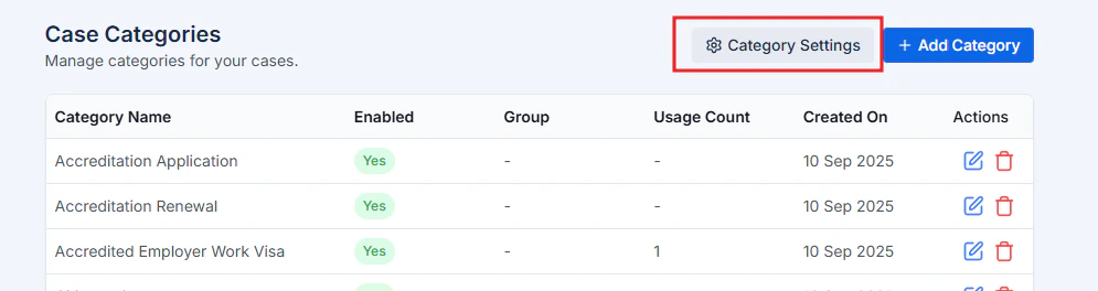 Category Settings button