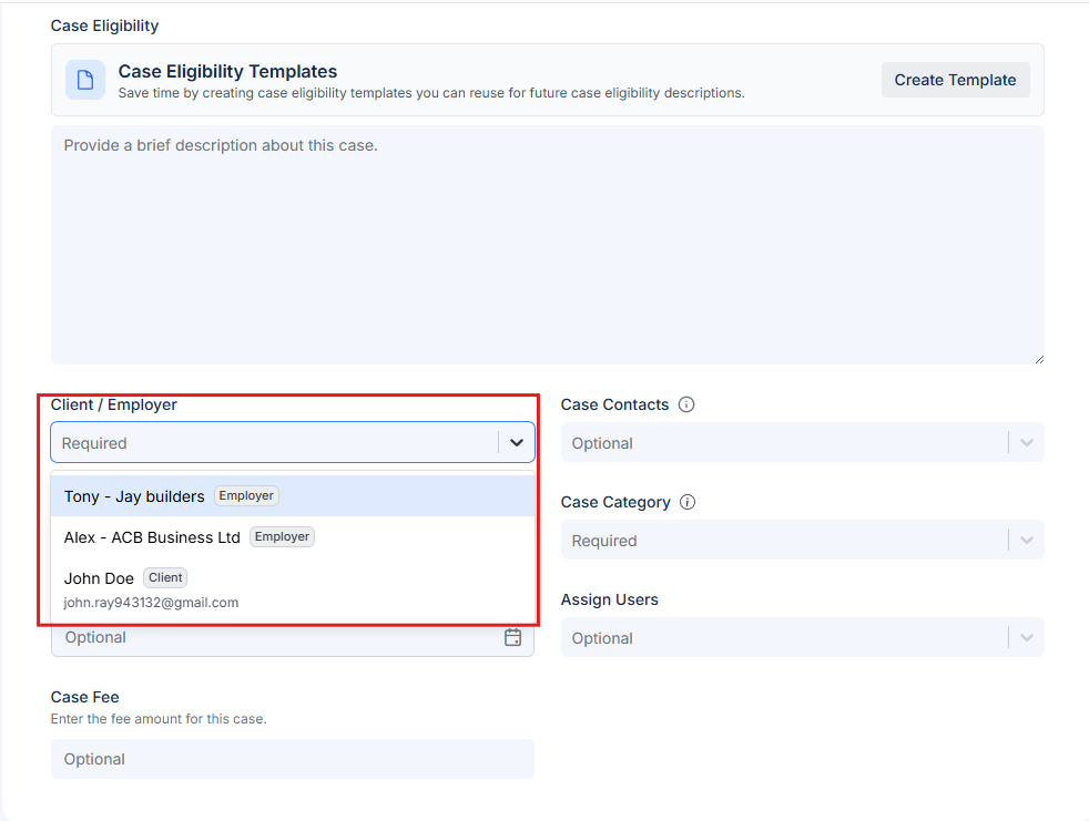 Client dropdown showing employer selection