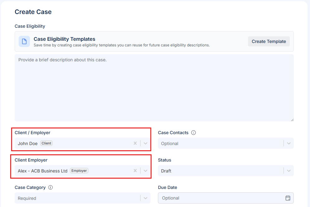 Linking an employer to a client case