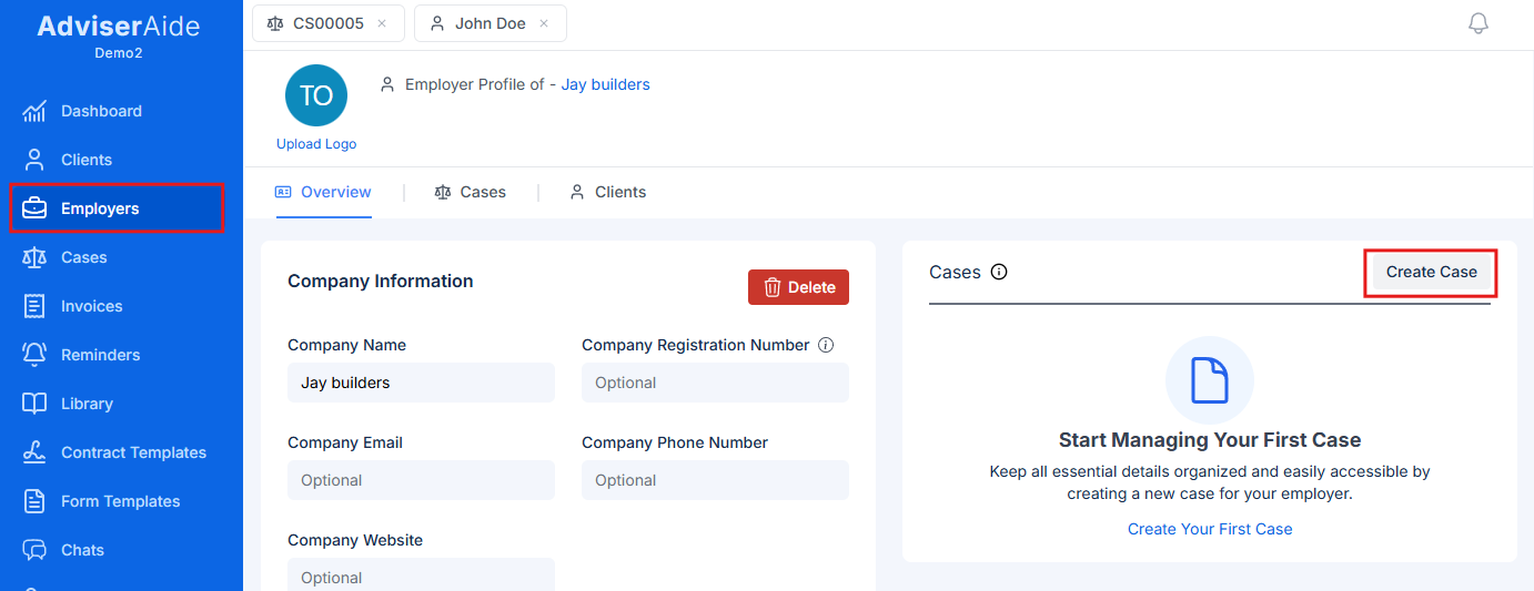 Create Case button in employer profile Cases card