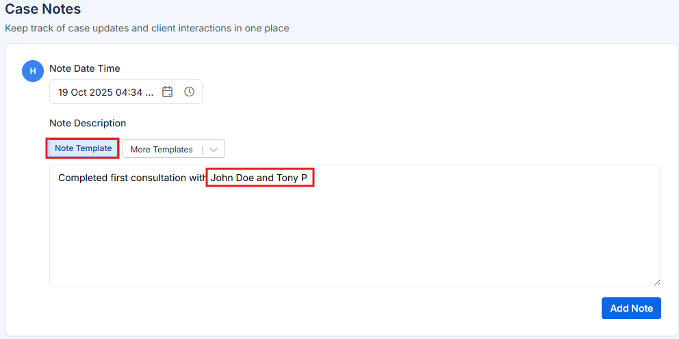 Note Template populated with client and contact information