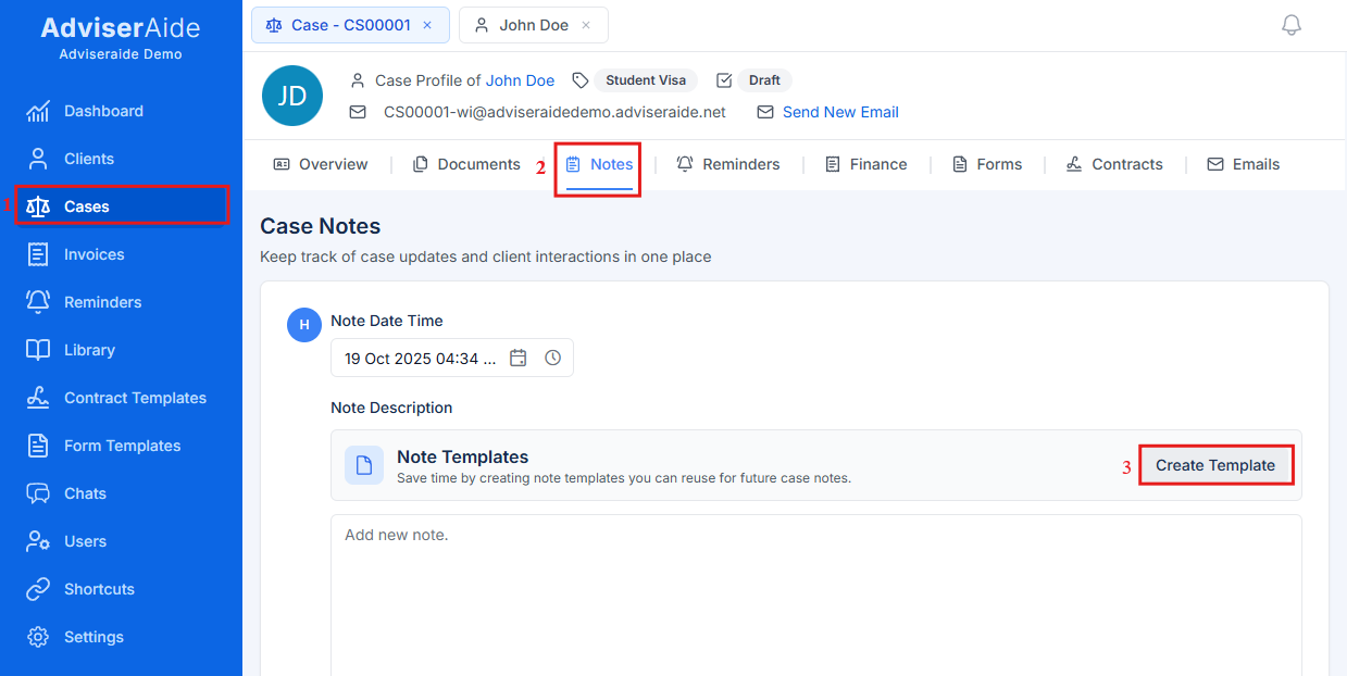 Notes tab - Create Template button