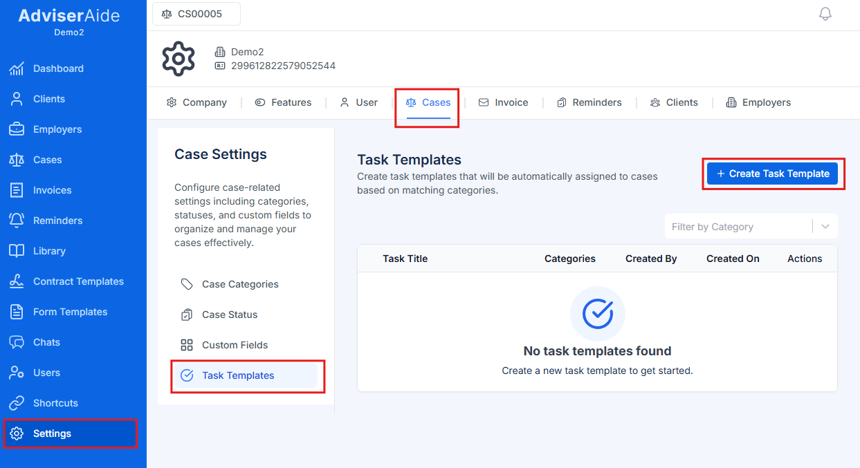Settings Cases Tasks Menu