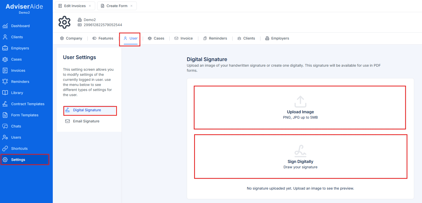 User settings showing where to add adviser signature