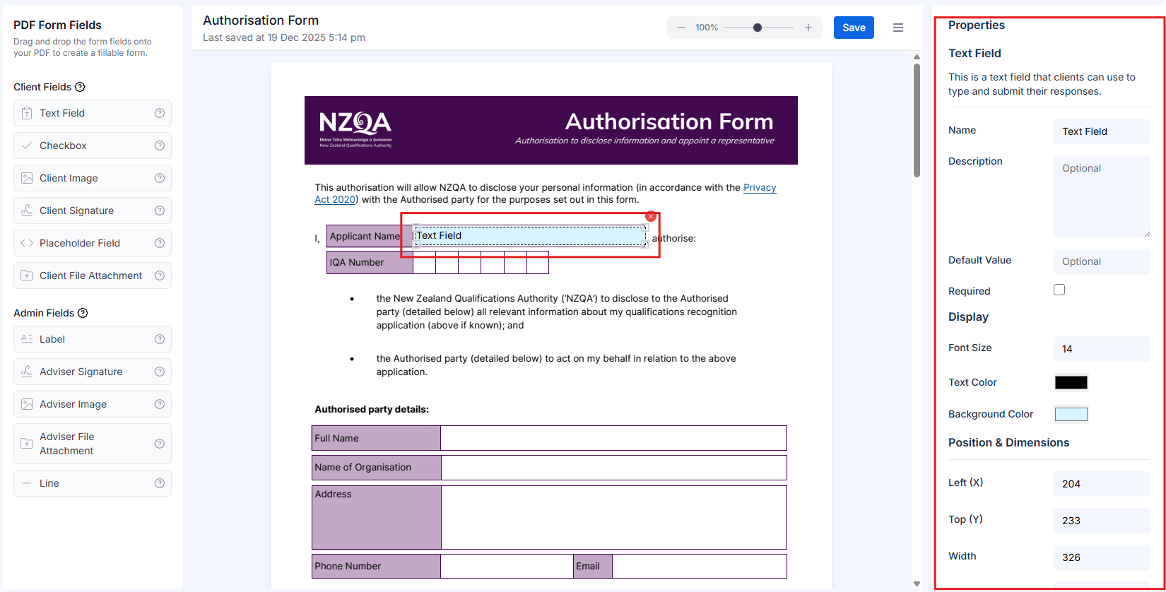 Properties panel showing field settings