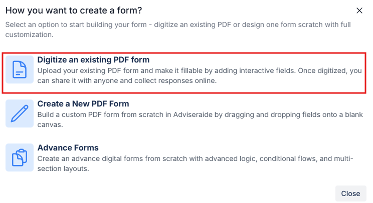 Form creation modal with PDF option