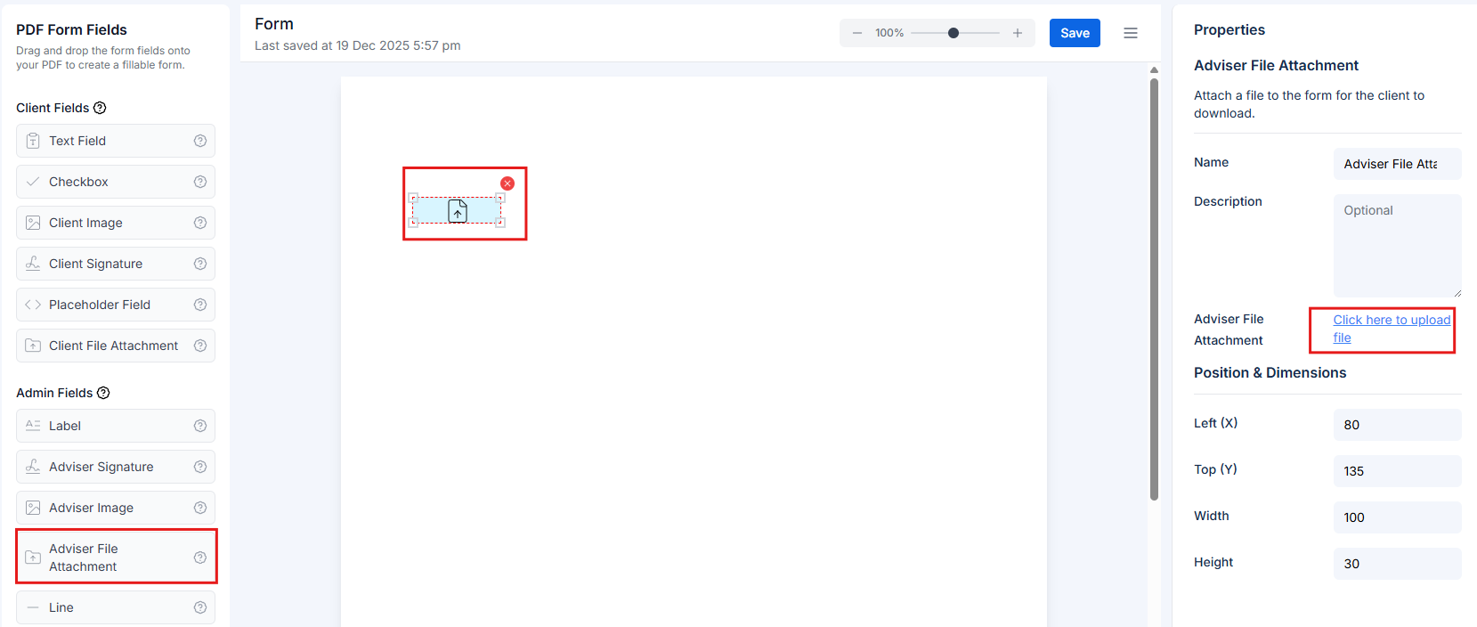 Adviser file attachment field on PDF