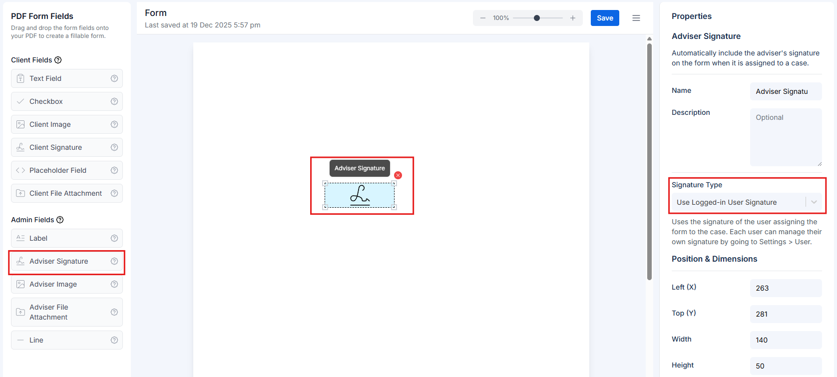 Adviser signature field on PDF