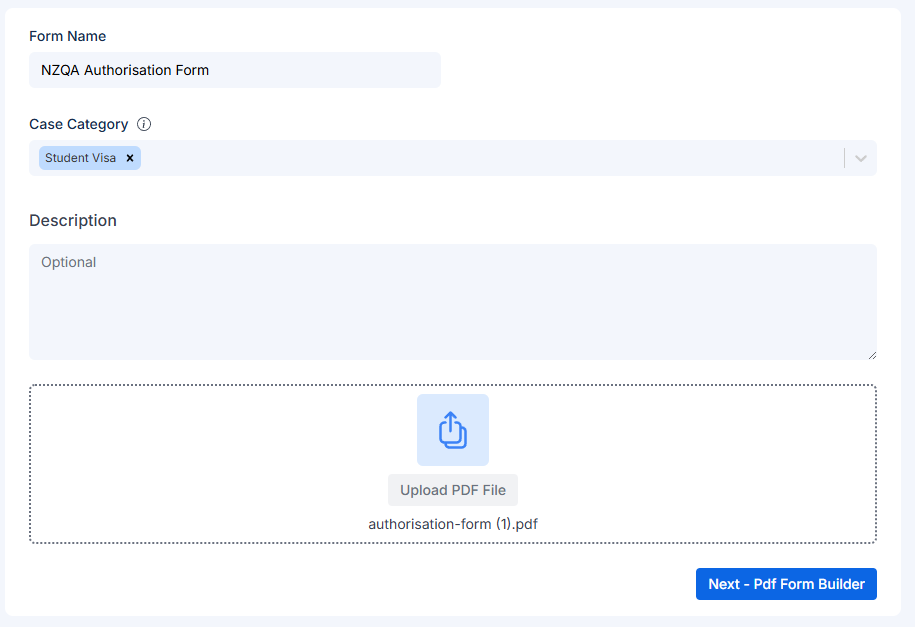 Form details section with name, categories, and description fields
