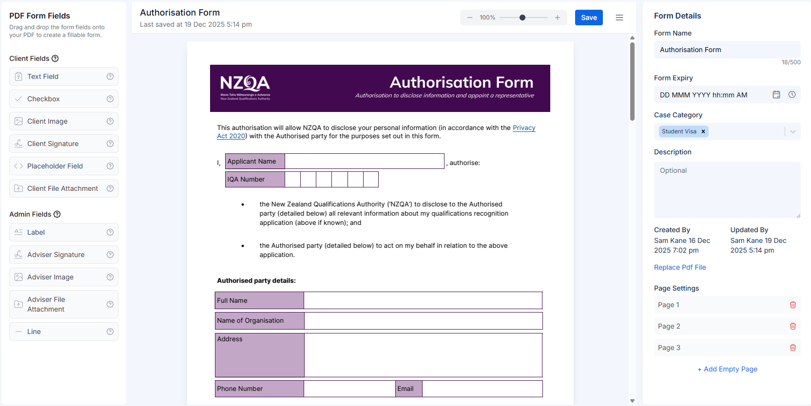 Complete PDF Form Builder interface showing all three panels