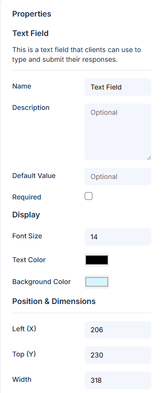 Right panel showing properties for a selected text field