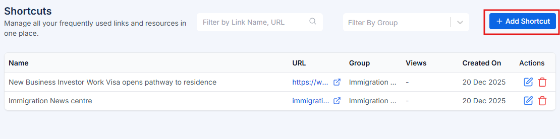 Add Shortcut button in top right corner