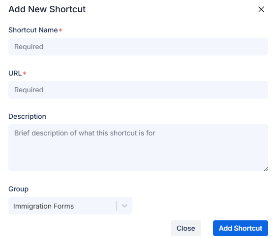 Add Shortcut form with name, URL, description, and group fields