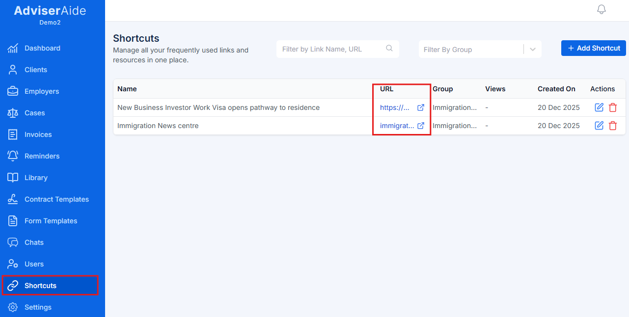 Shortcuts page showing list of saved links organized by category