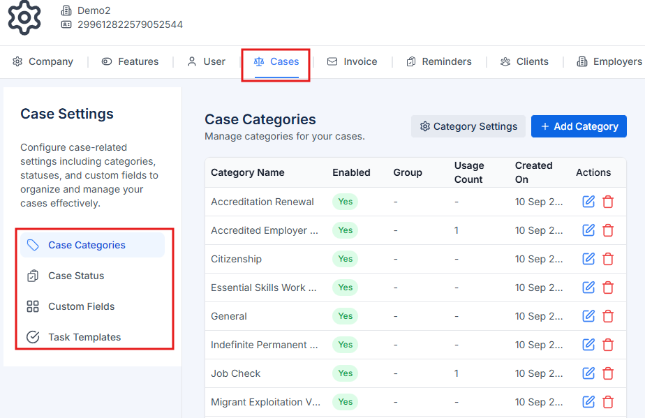 Cases settings showing categories, status, and custom fields
