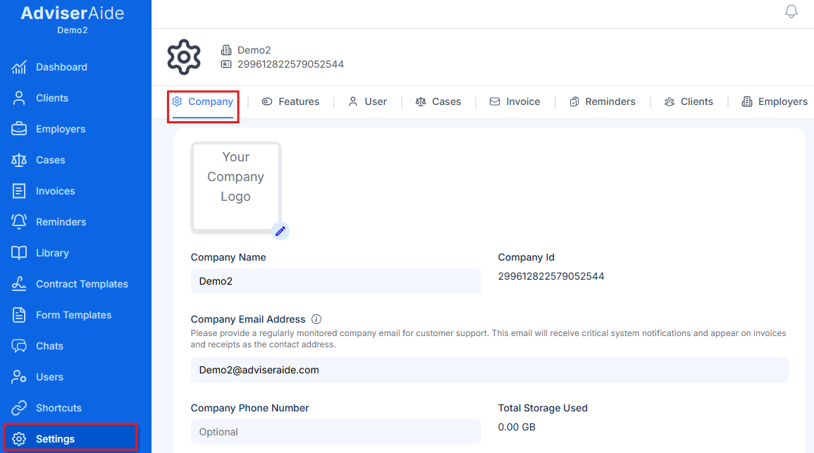 Company information settings showing company details and logo
