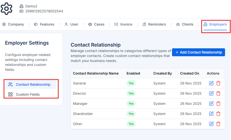 Employer settings showing contact relationships and custom fields