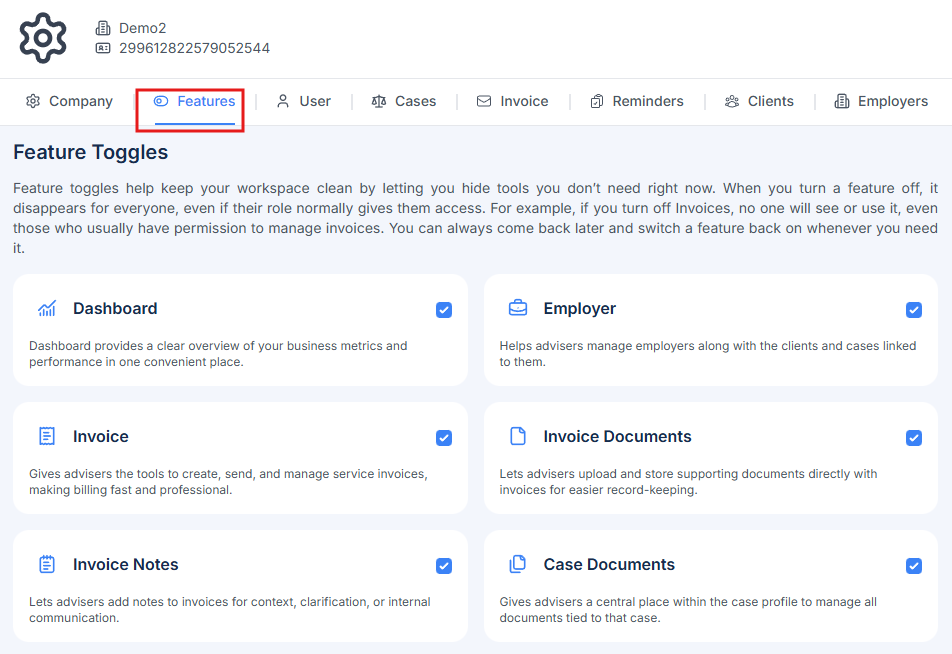 Features settings showing toggles to enable or disable features