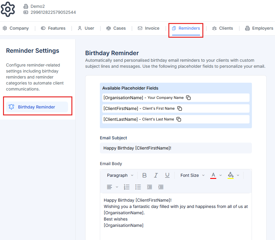 Reminder settings showing birthday reminder configuration