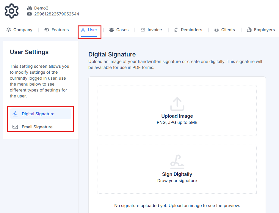 User settings showing digital signature and email signature options