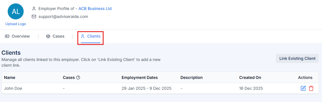 Clients tab in employer profile
