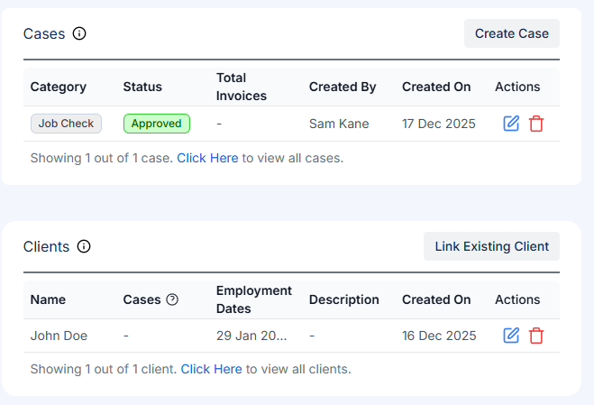 Cases and Clients panel in employer profile