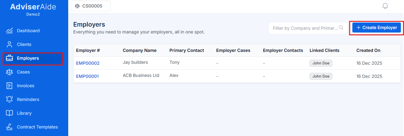 Employers menu item in left navigation