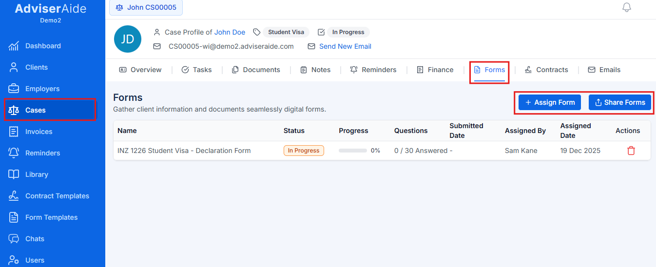 Forms tab in case profile with Assign Form button