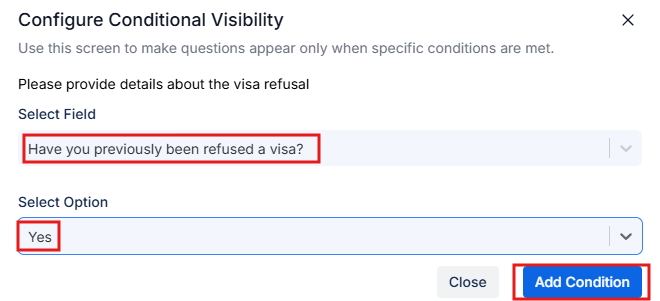 Configure Conditional Visibility settings panel