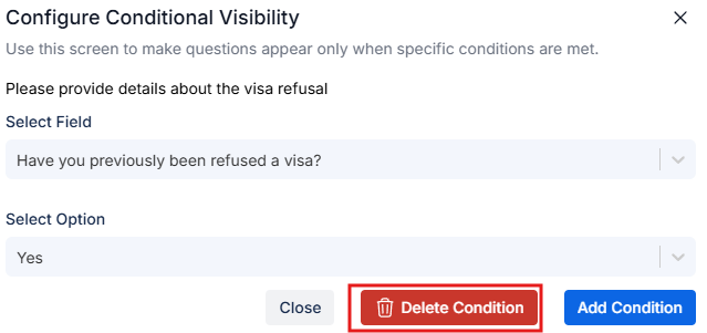 Delete Condition button in settings panel