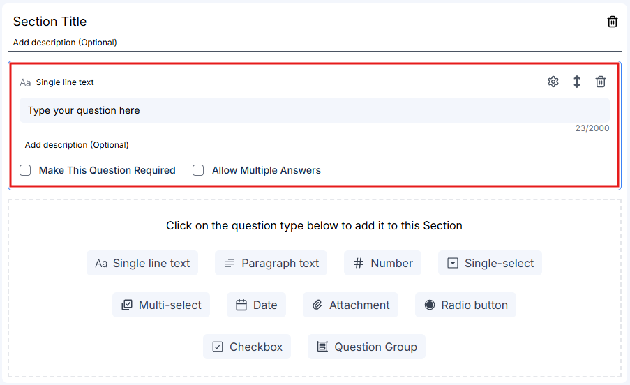 Field in edit mode showing question and description fields