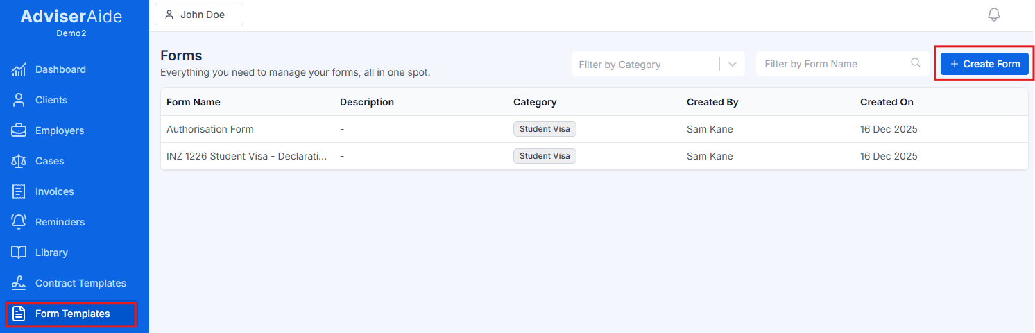 Forms list page with Create Form button