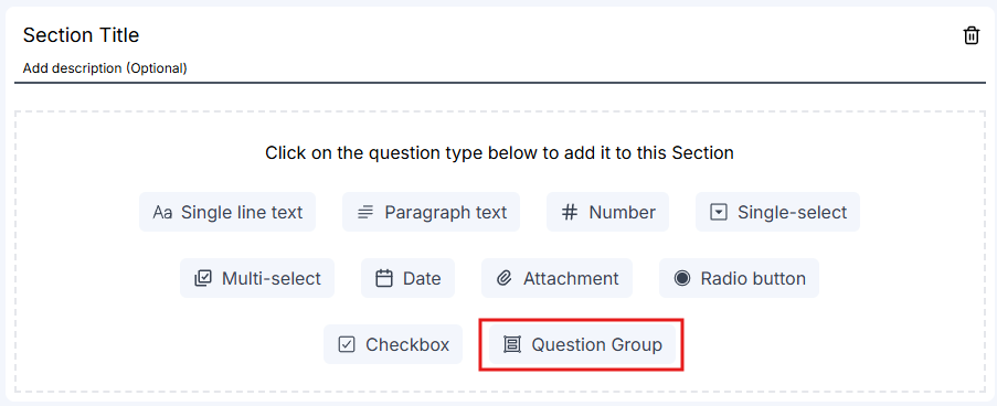 Field types palette with Question Group highlighted