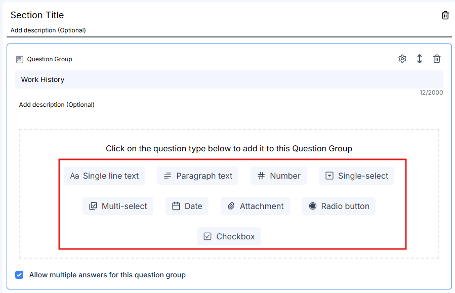 Question group showing field types that can be added inside