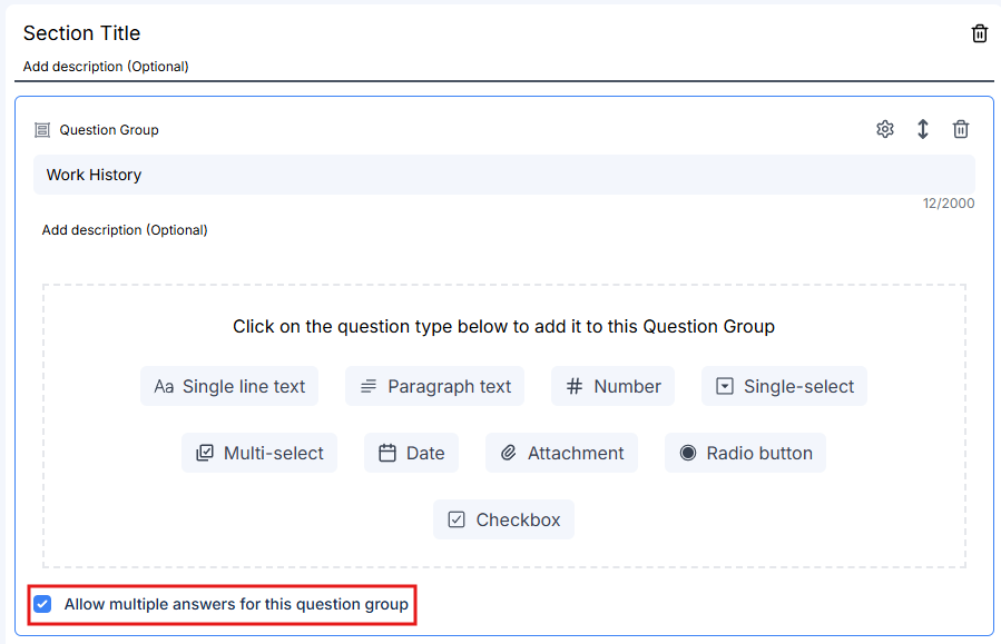 Question group settings with multiple answers option