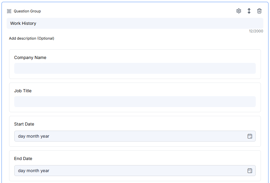 Completed work history question group with multiple fields