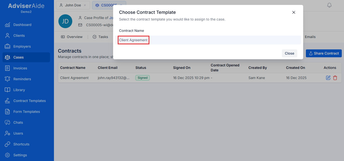 Choose Contract Template dialog
