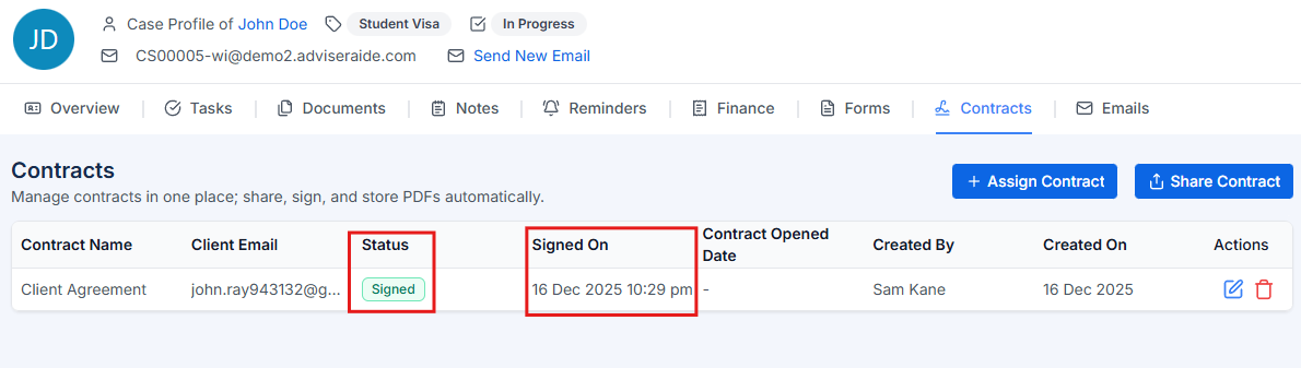 Contract signed status