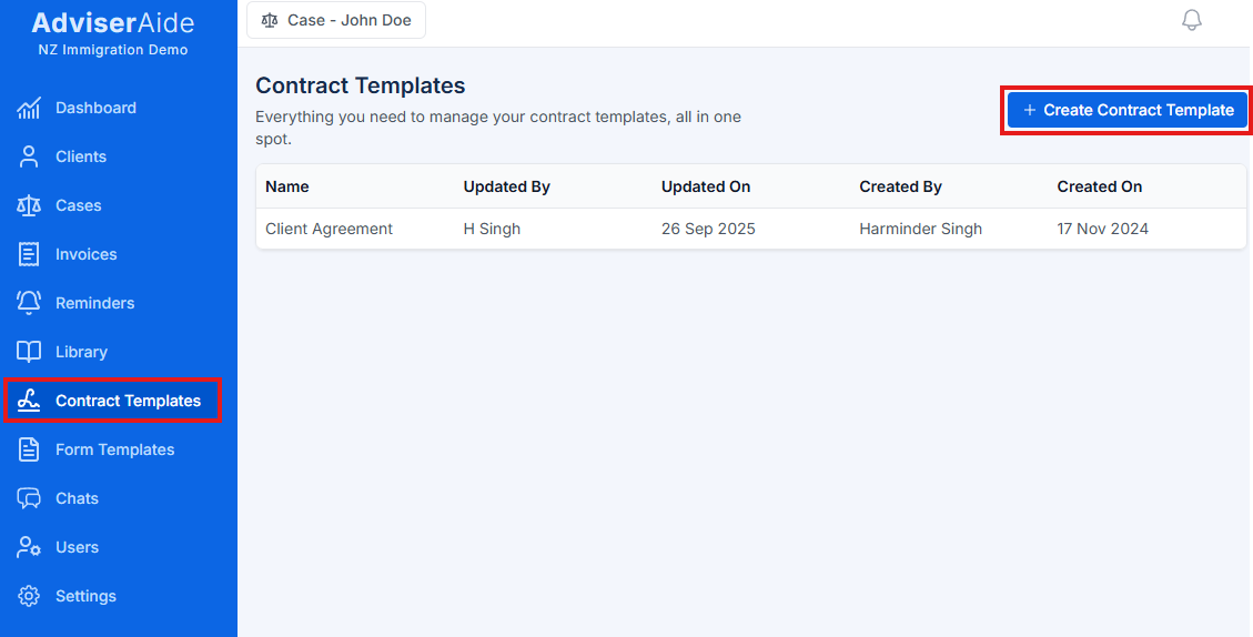 Contract Templates list