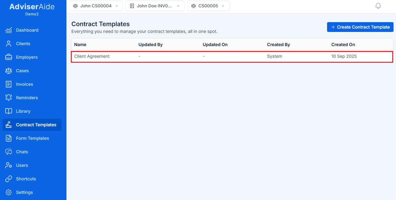 Contract template menu