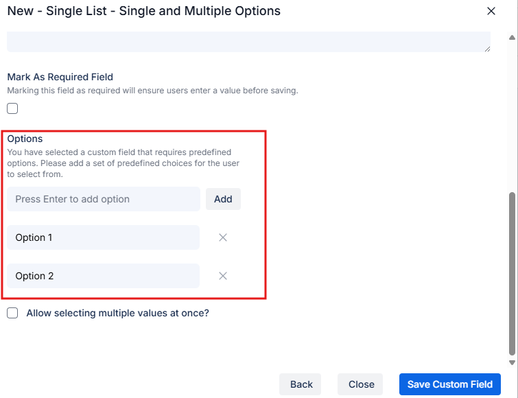 Create Custom Field screen showing dropdown options