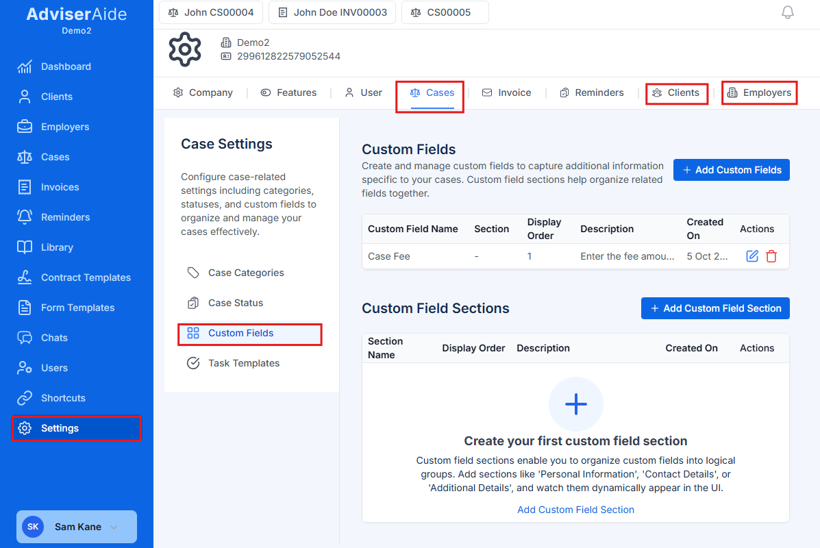 Custom Fields settings page