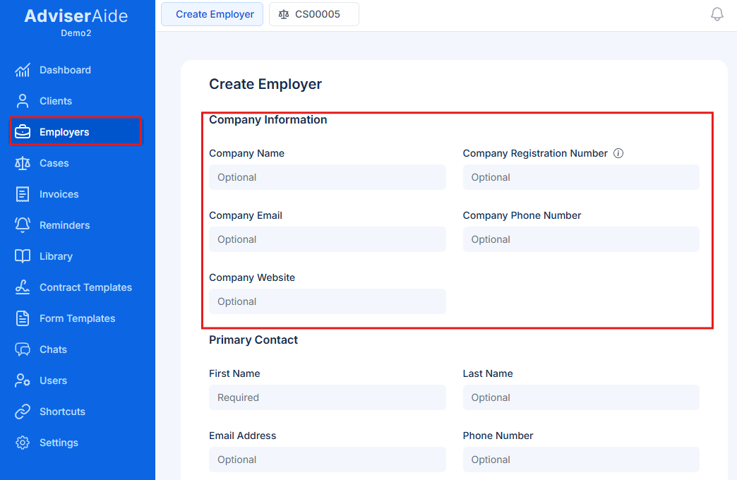 Company Information form