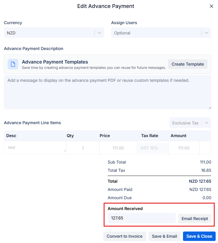 Amount Received field