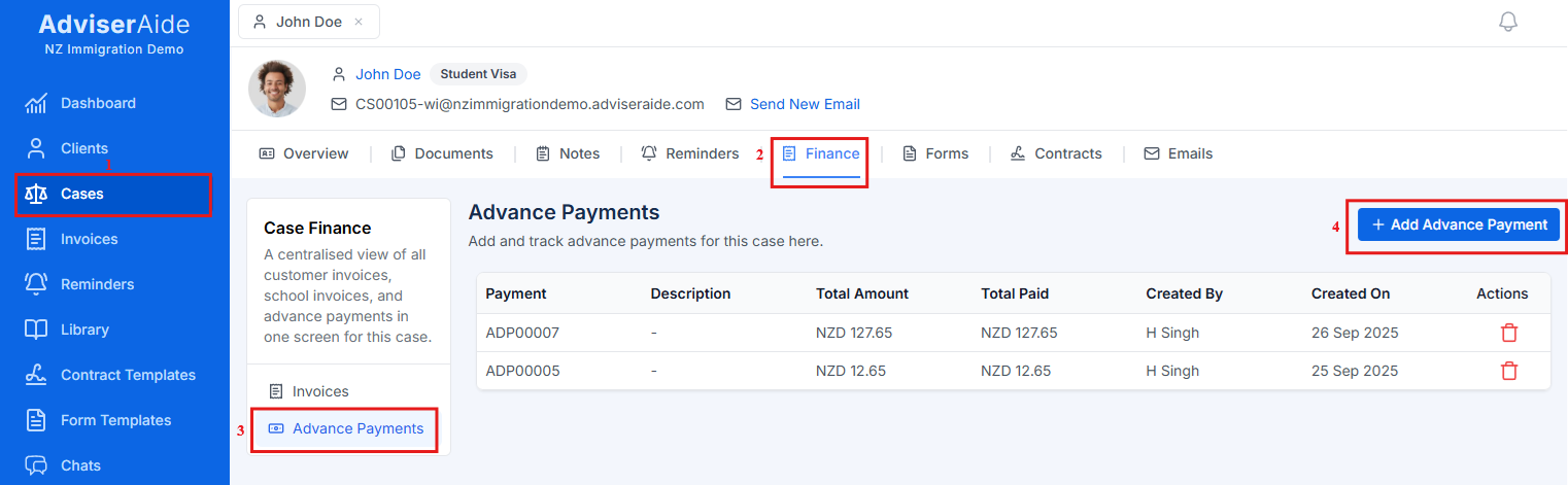 Advance Payments tab